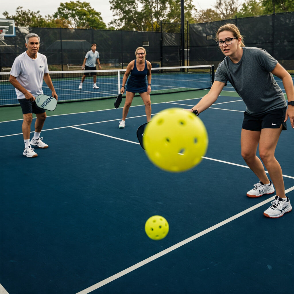 group playing pickleball outdoors fun